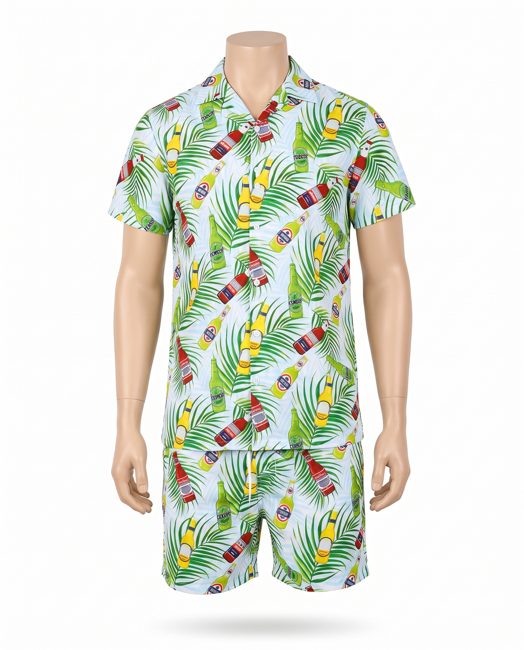 Tropical shirt and shorts combo on white background