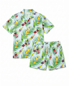 Tropical shirt and shorts flat lay