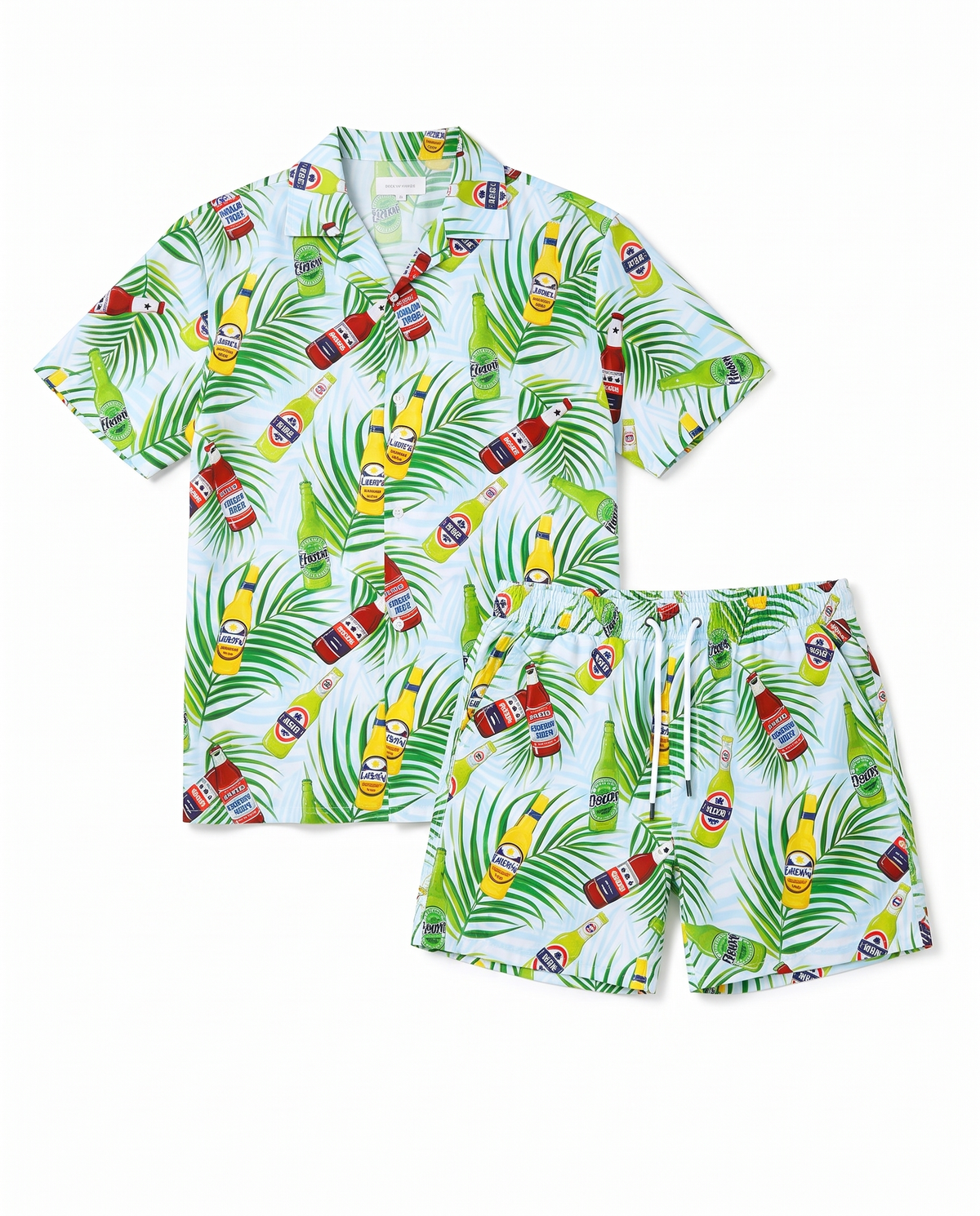 Tropical shirt and shorts flat lay