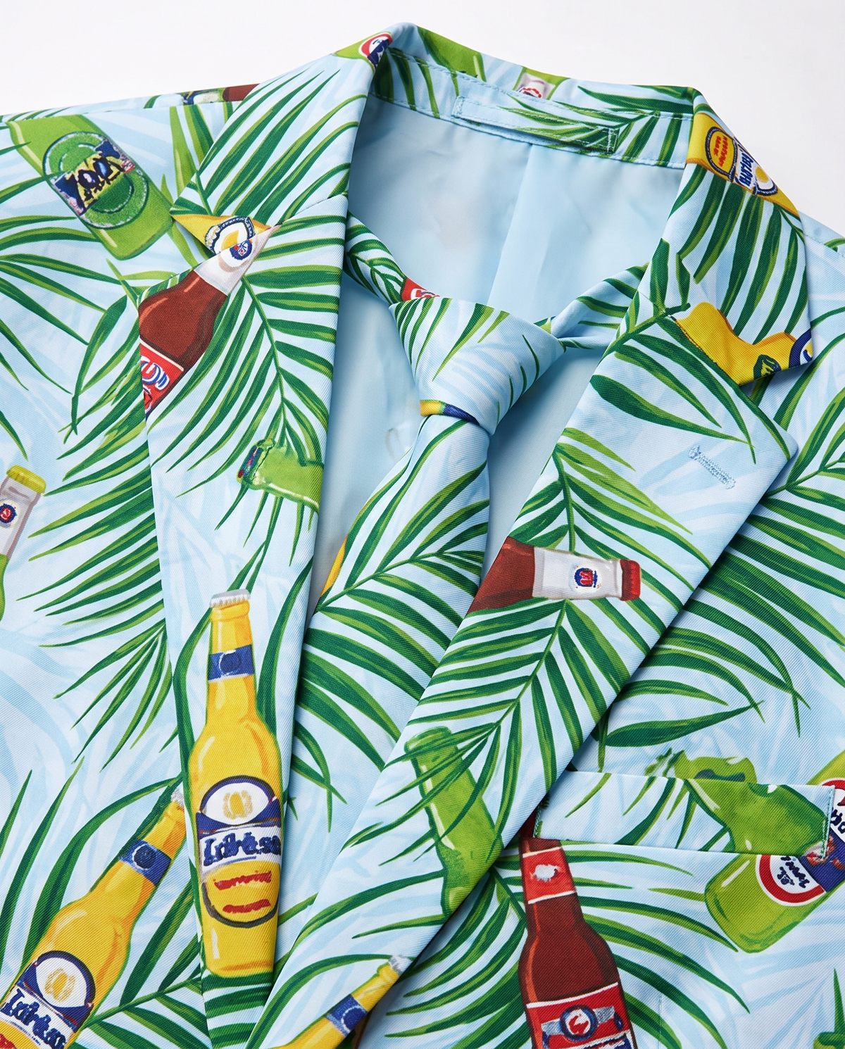 Detail of tropical print jacket and tie