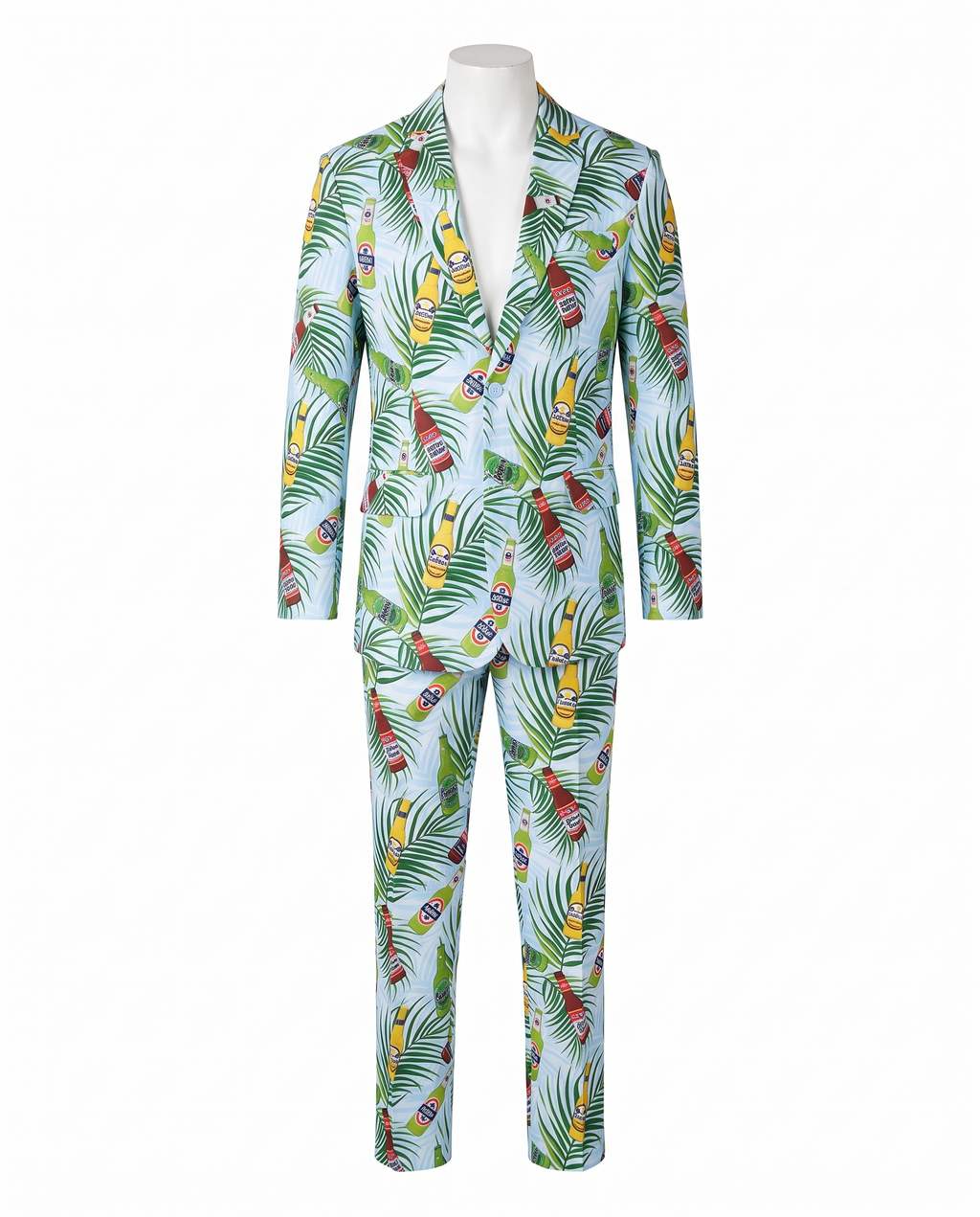 Tropical beer print party suit on white background