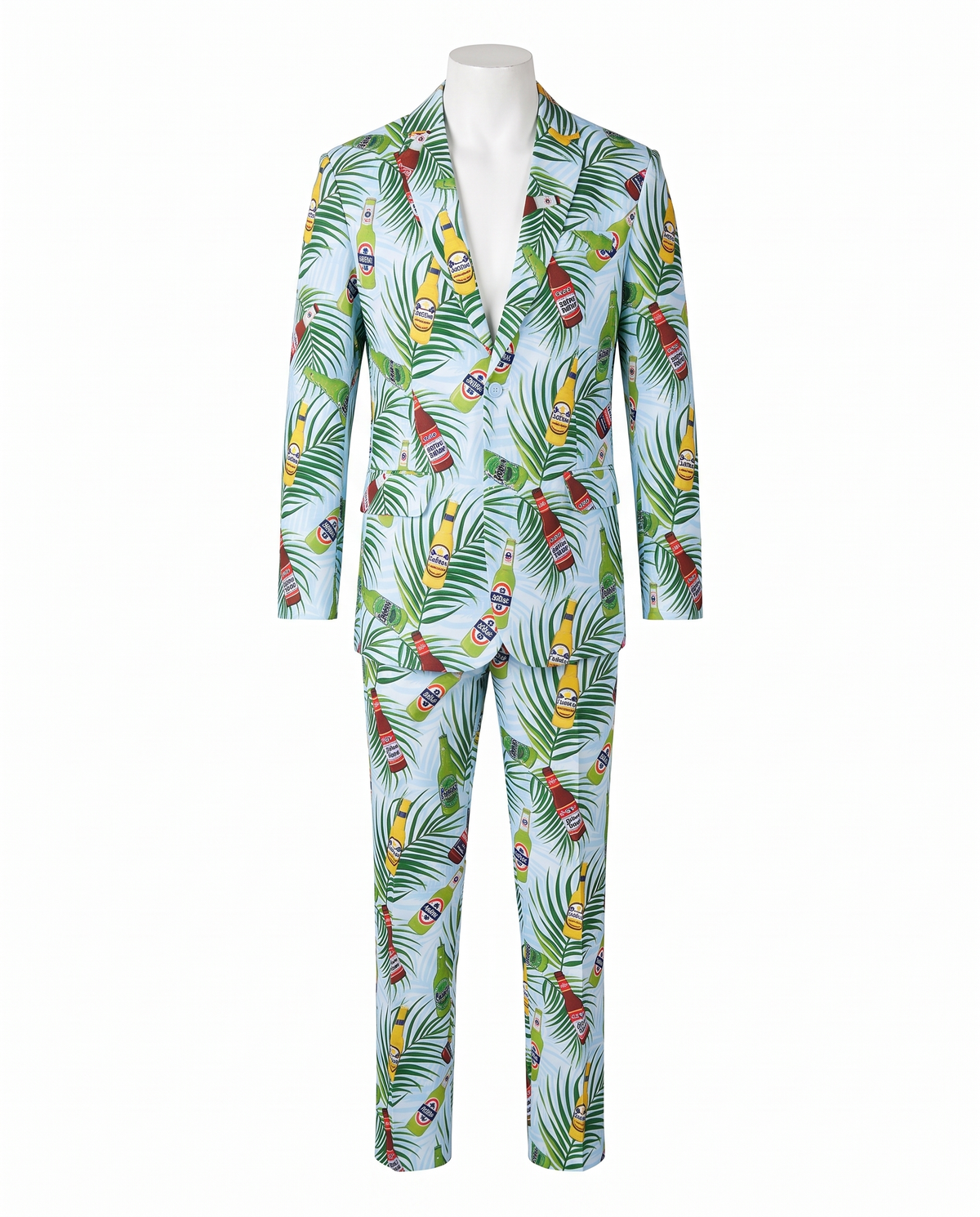 Tropical beer print party suit on white background