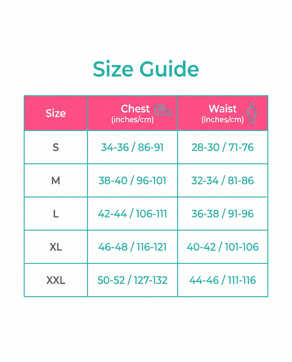 Size guide XS to XXL
