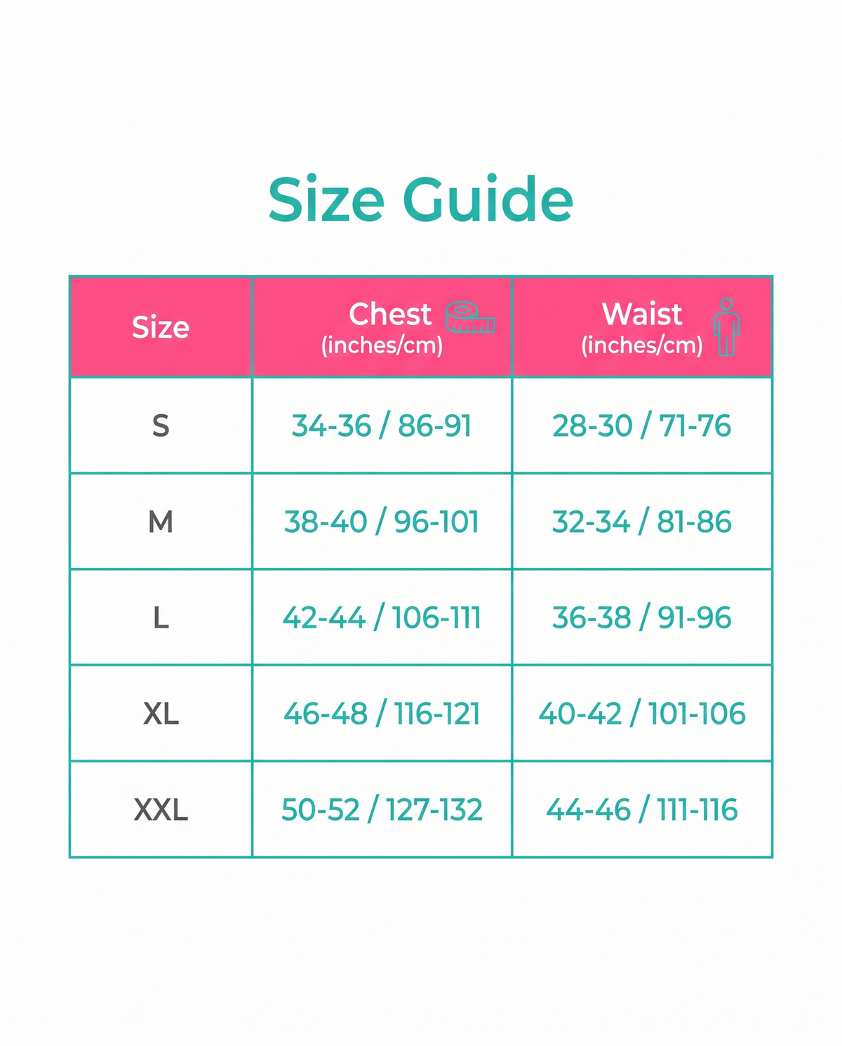 Size guide XS to XXL
