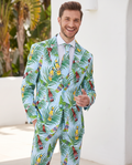 Man wearing tropical beer print party suit