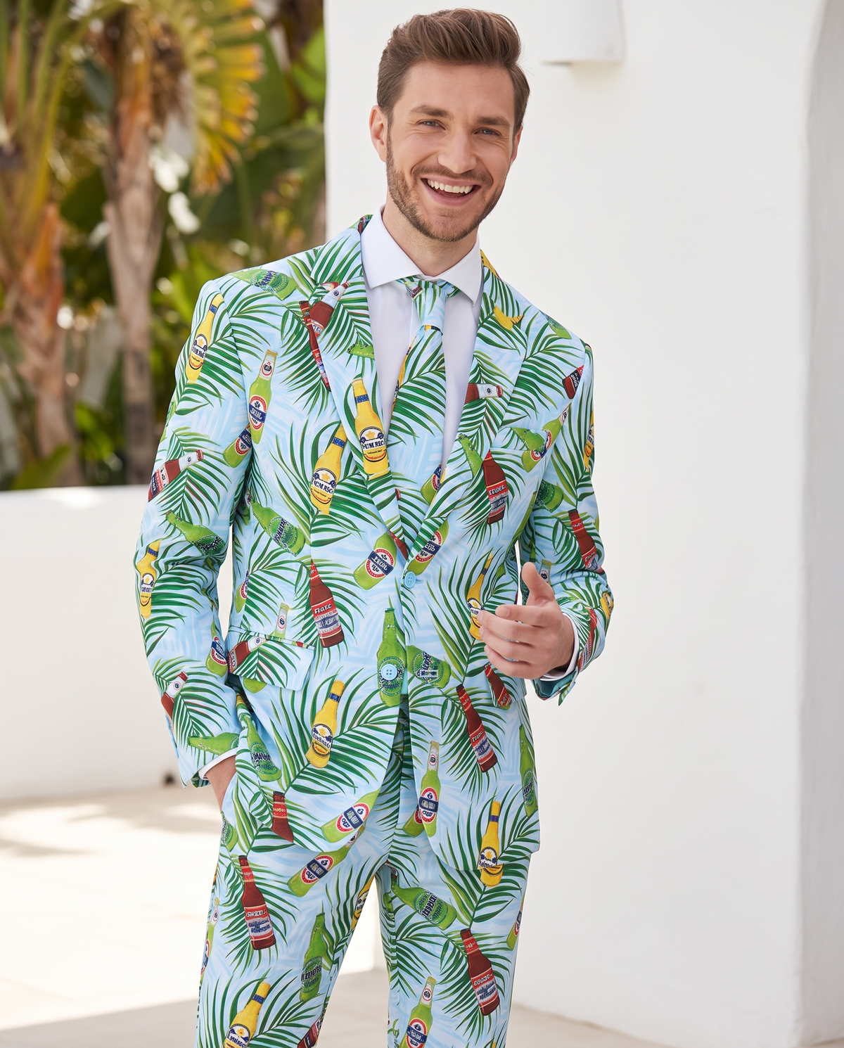 Man wearing tropical beer print party suit