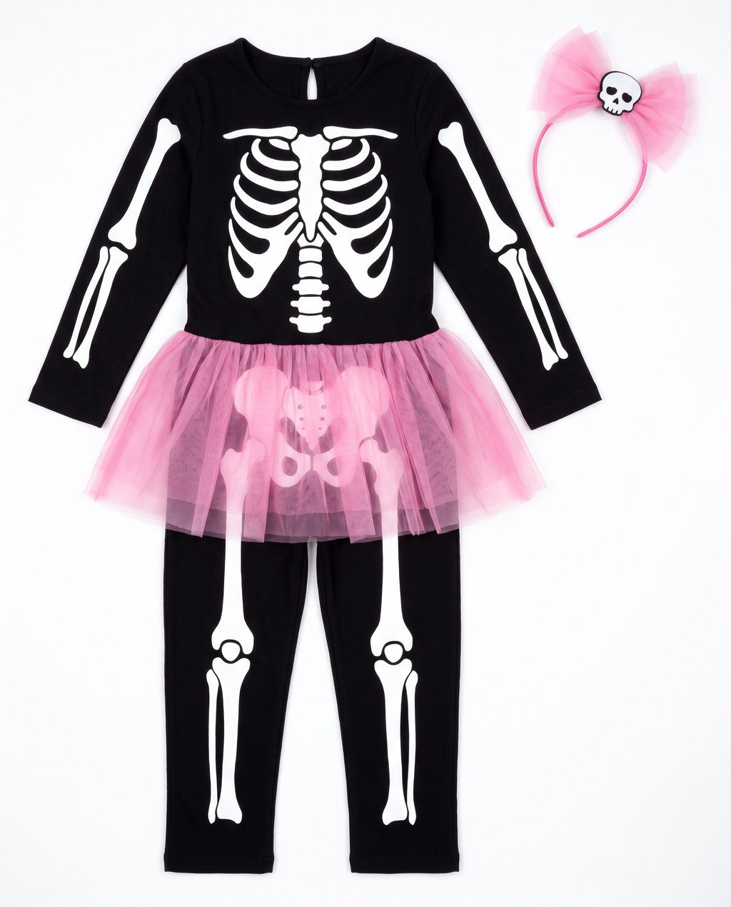 Skeleton jumpsuit and pink skull headband flat lay