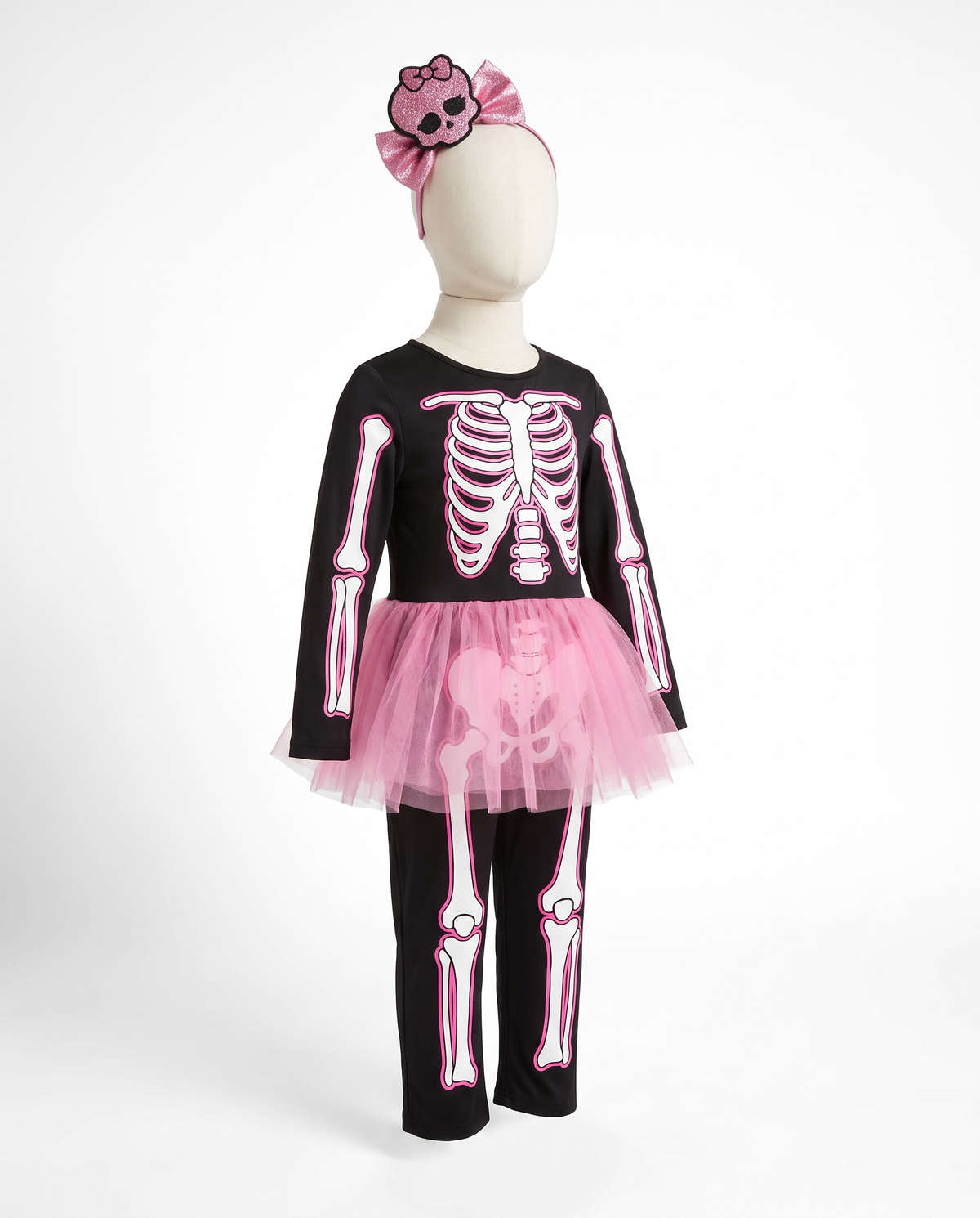 Fancy Bones skeleton girls costume on white background