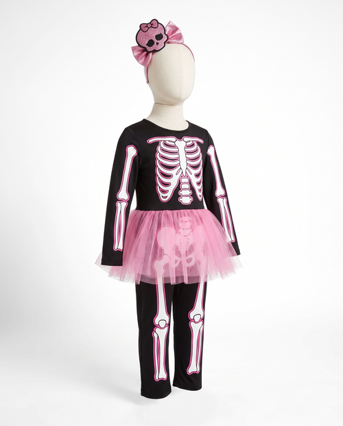 Fancy Bones skeleton girls costume on white background
